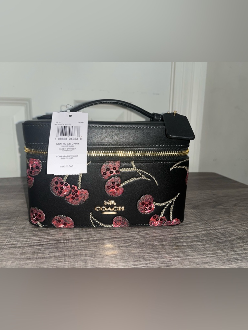 Coach Black Embroidered Cherry Sequin Cosmetic Case
